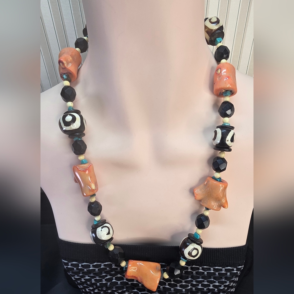 Large Natural Branch Coral Turquoise Dzi 925 24” Statement Necklace